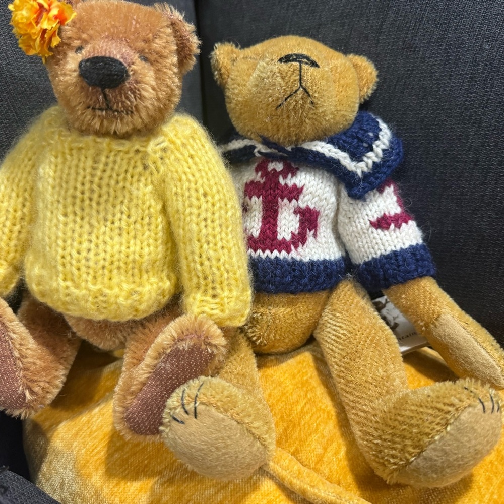 Pair of mohair handmade artist made teddy bears. 6” and 8”, nautical sweater